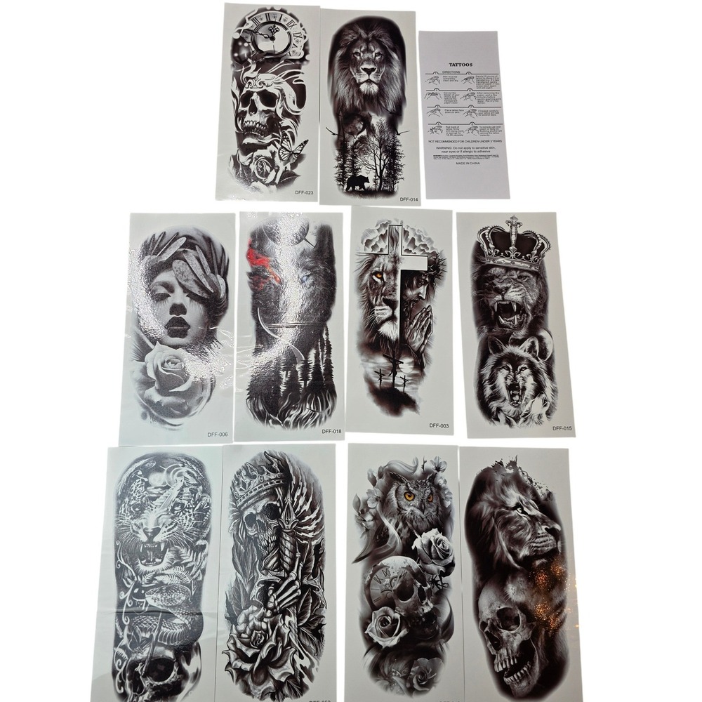 10 Pack Large Temporary Tattoo Sleeves Lion Skull Wolf Realistic Black Gray‎ F2